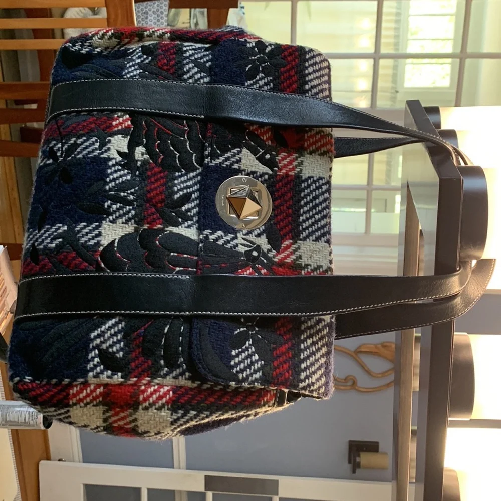 Kate Spade Plaid Satchel in Plaid (colors-black, dark nay, red, off white).
